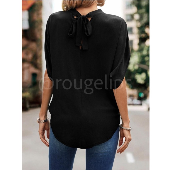 Black Keyhole Overlapping Crossover Surplice Blouse Top - Picture 5 of 7